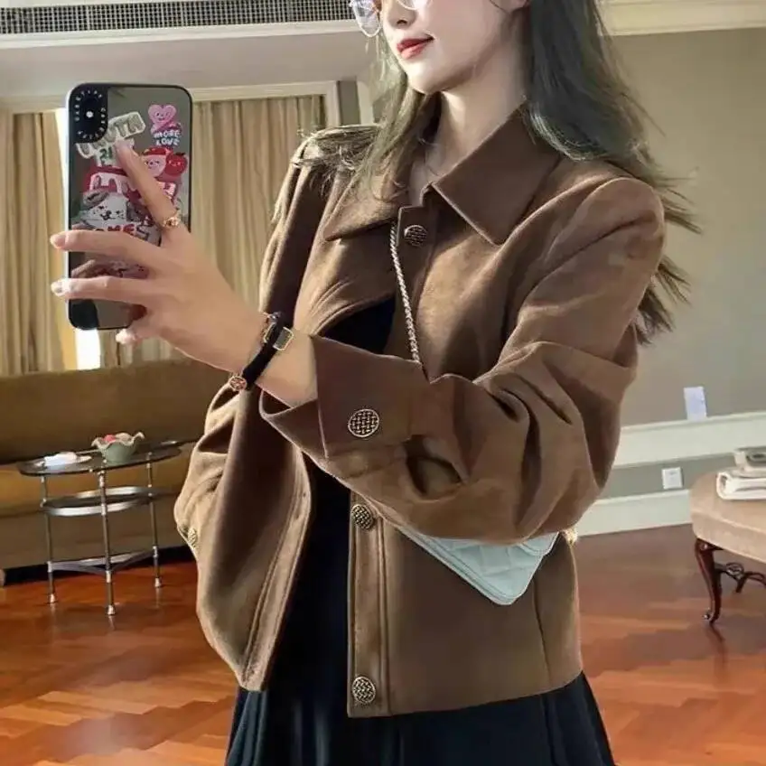 

Women's Ce Brown Deer Velvet Korean Loose Casual Retro Coat Spring Autumn Season Straight Body