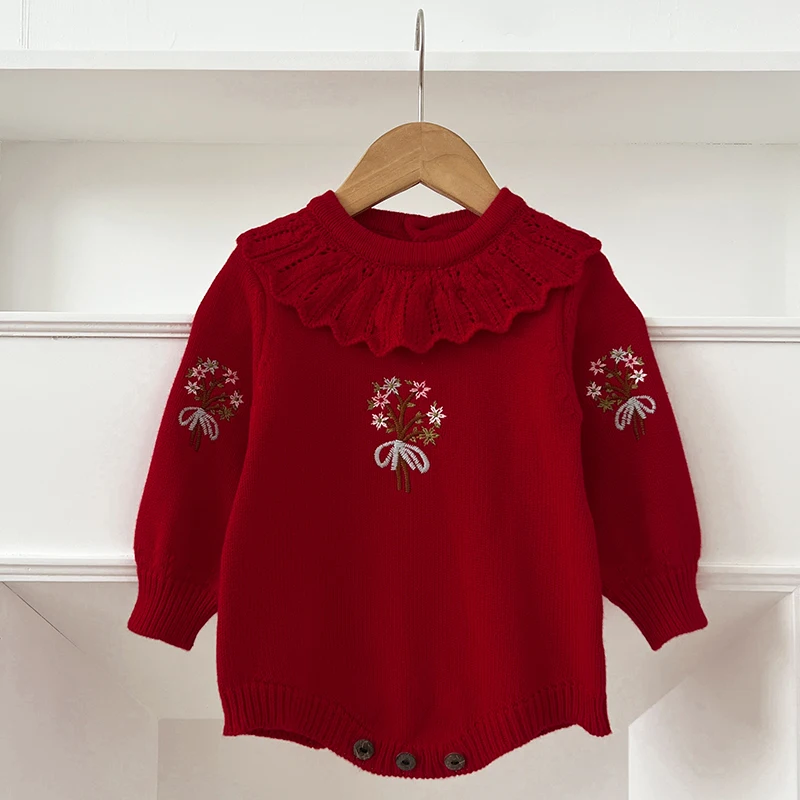 Weihnachten Stickerei Floral Baby Mädchen Pullover Strampler Neugeborenen Lange Ärmel Stricken Kleidung Prinzessin Strickwaren Winter Herbst Overall ﻿ – Detail 1