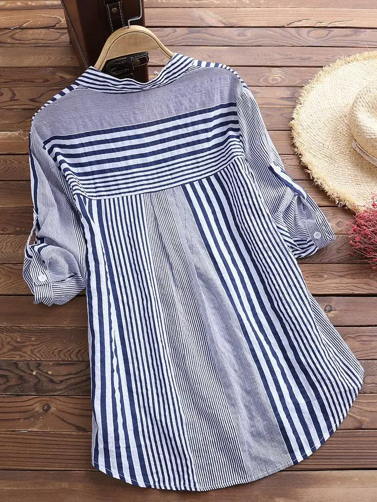 Women\'s Spring Fall Cotton Linen Long Sleeves Roll Up Striped Casual V Neck Button Down Shirts Blouses Collar Tunic Tops