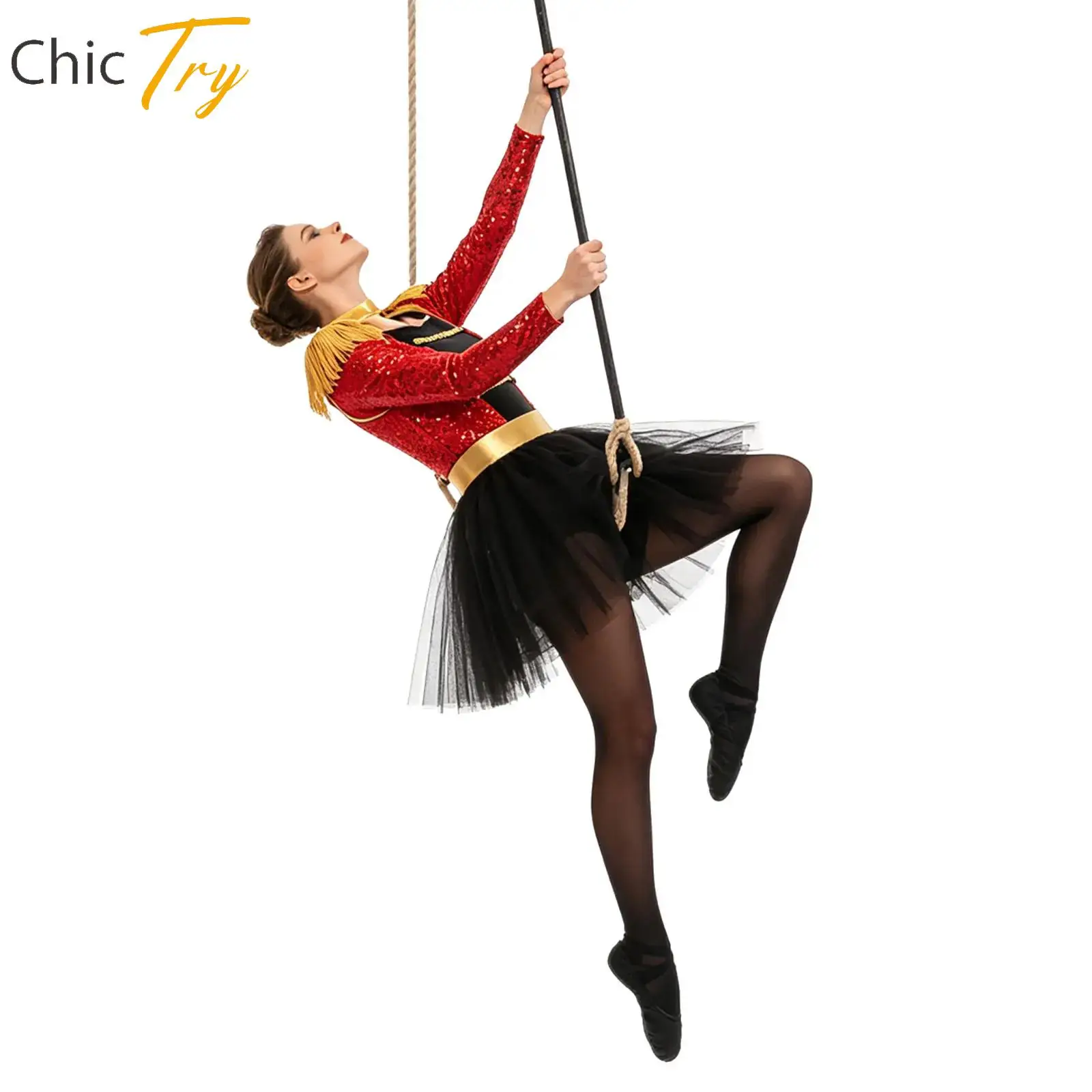 

Women Adults Circus Costume Ringmaster Tutu Dress Shiny Sequins Long Sleeve Tassel Epaulet Bodysuit for Halloween Fancy Outfit