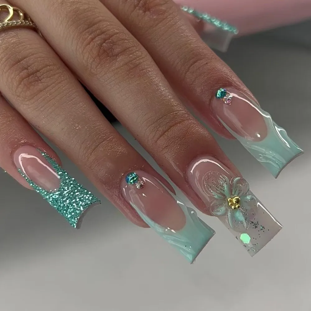 

24pcs Manicure Long Water Pipe False Nails Striped Gold Beans French Nail Tips Small Flowers Full Cover Fake Nails Women