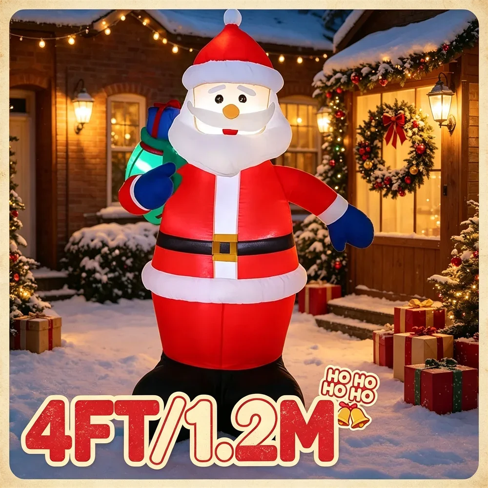 4FT Light Up Christmas Inflatable Model  Classic Blow Up Santa Claus Carrying Gift Bag LED Holiday Outdoor Yard Lawn Decor
