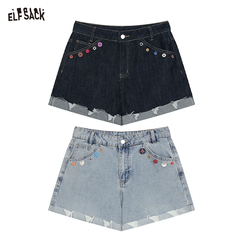 ELFSACK 2024 Summer New Arrivals High waisted A-line washed denim jeans, women's colorful button down brushed shorts