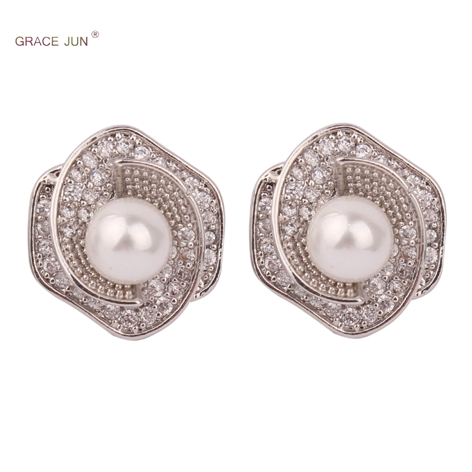 GRACE JUN New Arrival Women's Clip on Earrings Fashion Luxury No Pierced Earrings Charm Cubic Zircon Pearl Cuff Earring Ear Clip