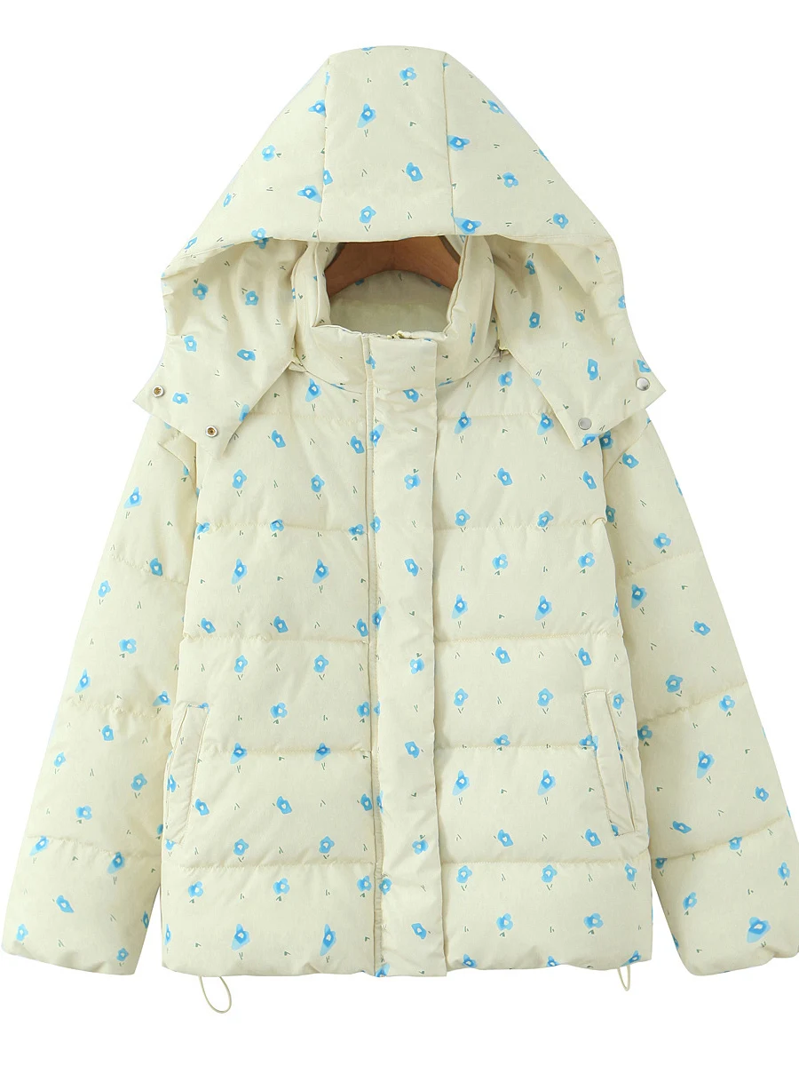 Twotwinstyle impresso floral puff jaqueta para mulheres com capuz manga longa retalhos cordão quente para baixo casaco feminino inverno novo estilo