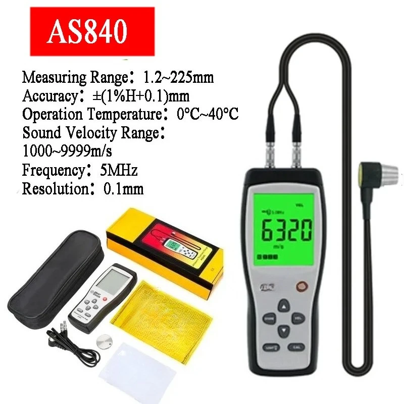

SMART SENSOR AS840 Цифровой ультразвуковой толщиномер Измеритель скорости звука Тестер глубины металла 1,2-225 мм с ЖК-дисплеем