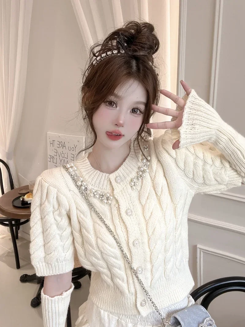 

Корейские модные осенние новые женские вязаные топы, кардиган с бисером и круглым вырезом, с коротким рукавом, однобортные вязаные кардиганы, одежда