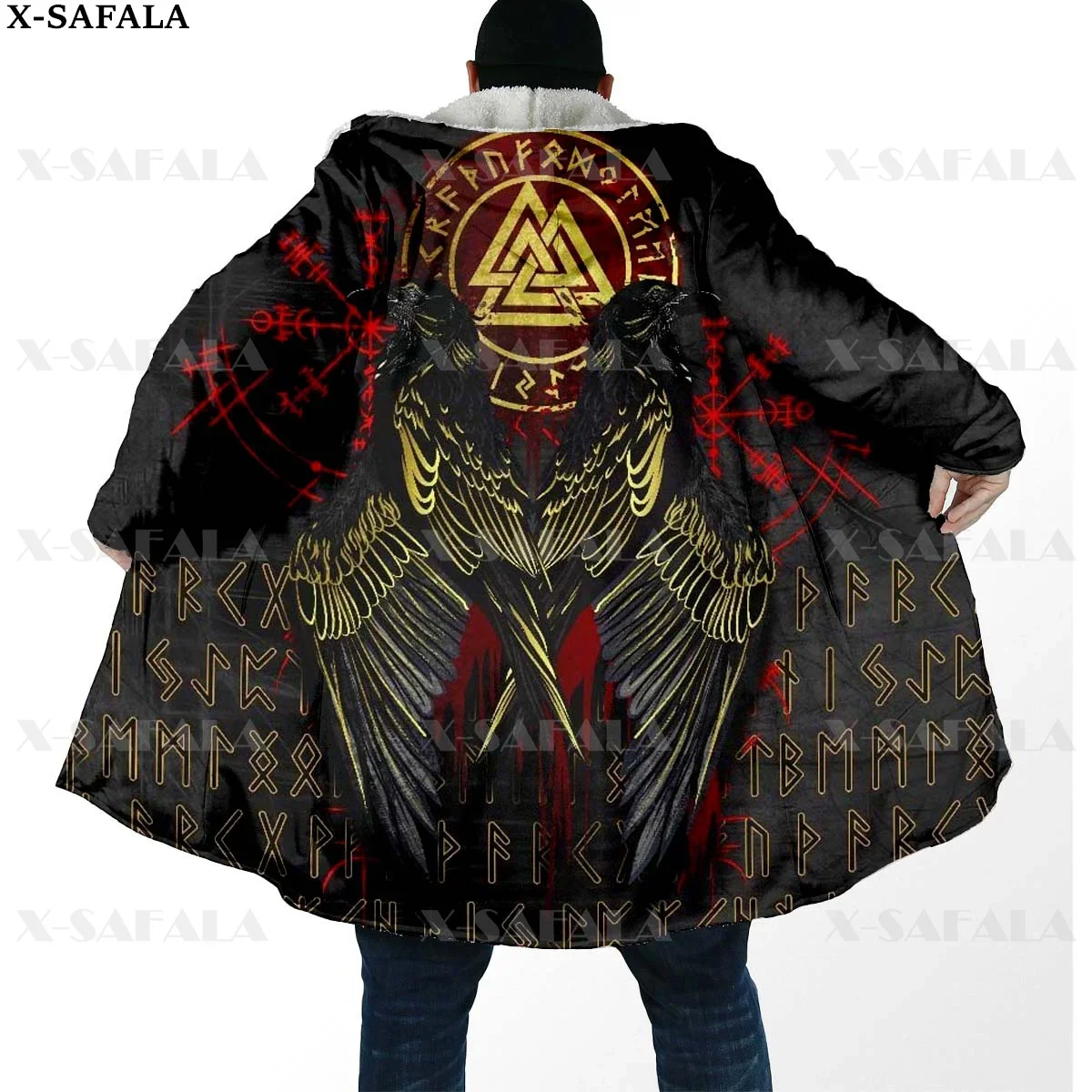 Tattoo Symbol Viking Wolf/Odin/Raven Thick Warm Hooded Cloak Men Overcoat Coat Windproof Fleece Cape Robe Hooded Blanket-8