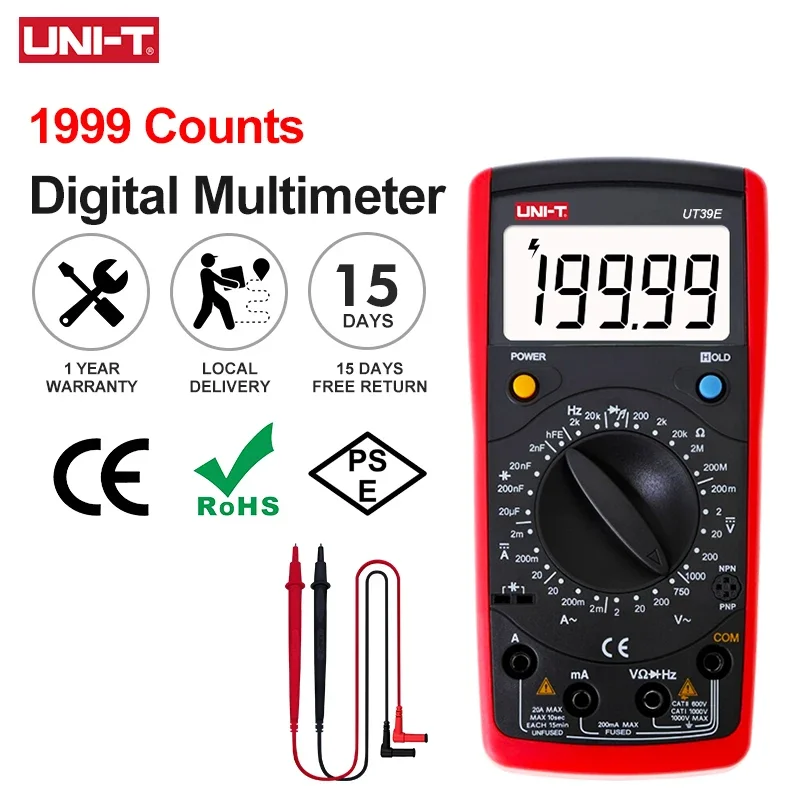 

UNI T Multimeter Digital UT39E 20A 1000V AC DC Current Meter Voltmeter Frequency Capacitor Tester 19999 Counts