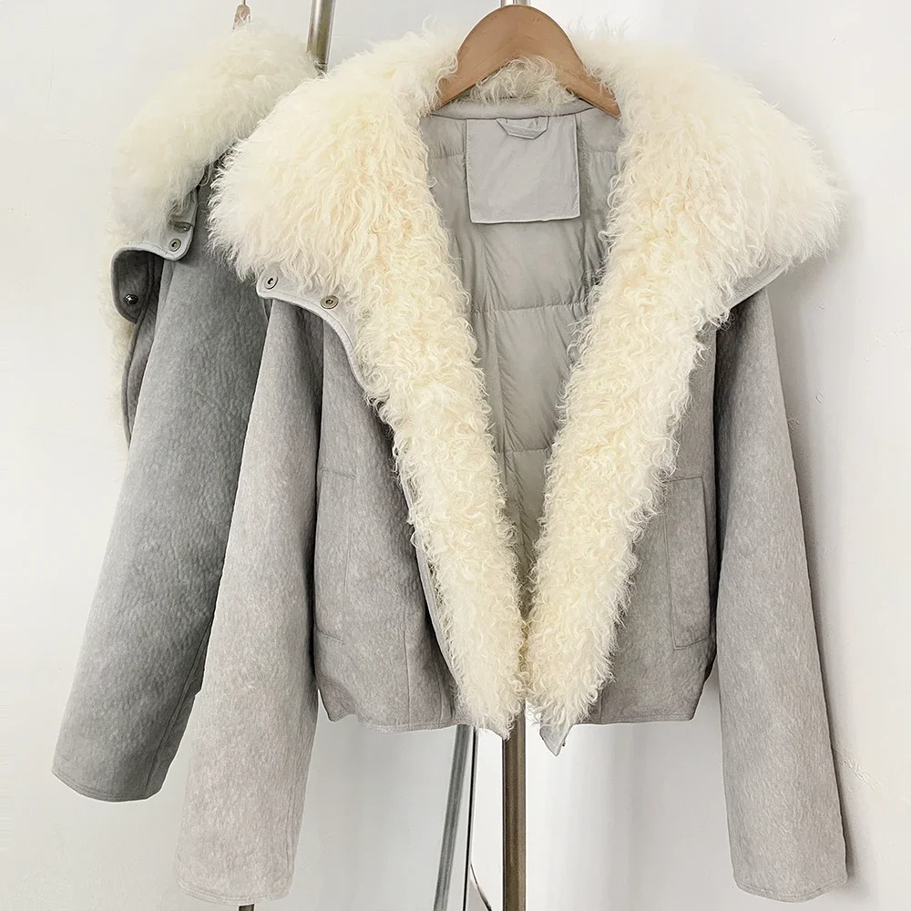 OFTBUY Winter Dicker Kurzer Puffermantel Modische Reißverschluss-Daunenjacke mit Echtem Fell Damen Echter Lammfellkragen Entendaunen-Bekleidung – Detail 11