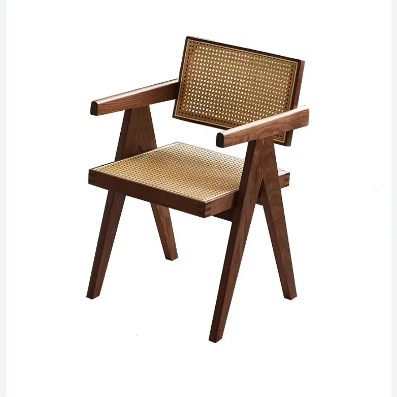 Medieval wabi-sabi wind Chandigarh chair black walnut log rattan K backrest armrest solid wood rattan chair