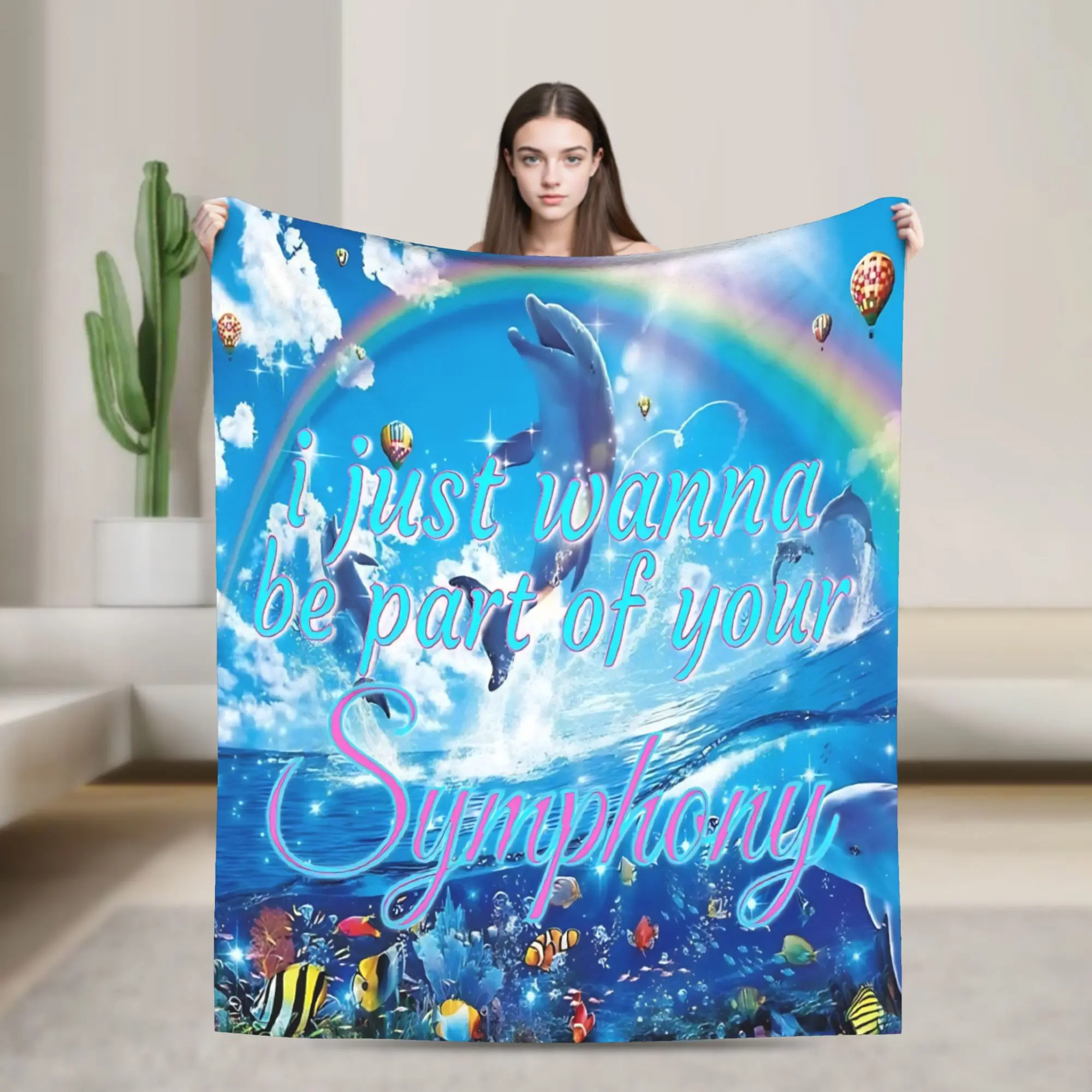 Symphony Aero Dolphin Knitted Blanket Frutiger Aero  Flannel Throw Blankets Home Couch Personalised Soft Warm Bedsprea