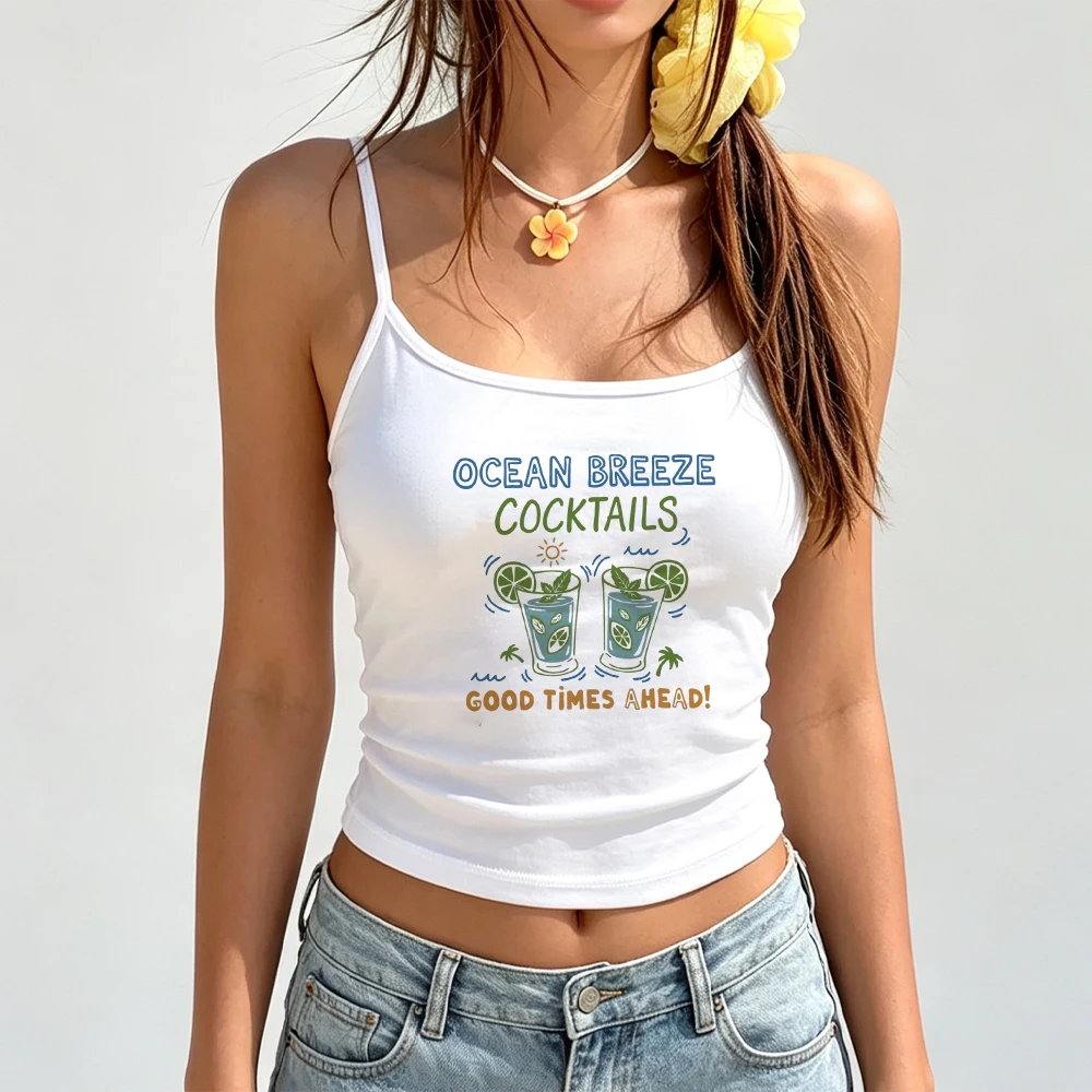 Beach Slogan Cami Women Ocean Breeze Cocktails Print Tank Good Times Ahead Text Tee Summer Casual Fashion Cute Wear