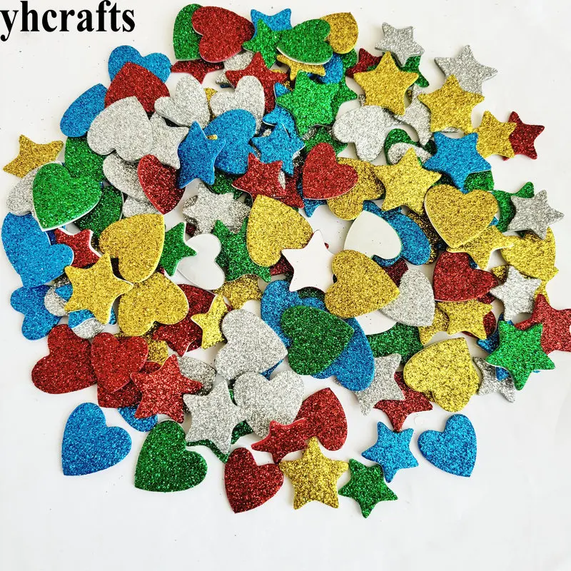 Glitter Star e Hearts Foam Adesivos, Decoração de Natal, Xmas Party Favors, Jardim de Infância Artesanato, Artesanato, 150pcs por lote