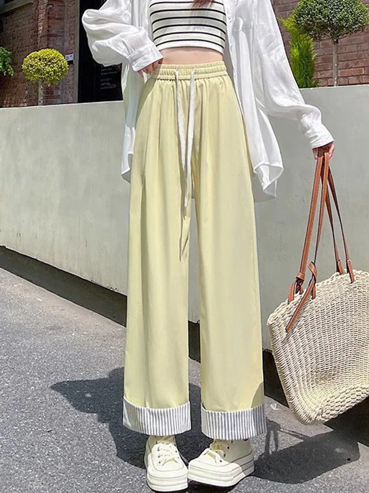 

Summer Lace Up Fashion Casual Women Pants Spliced Stripes Chic Solid Baggy Sweet Female Trousers High Waist Simple Pants New