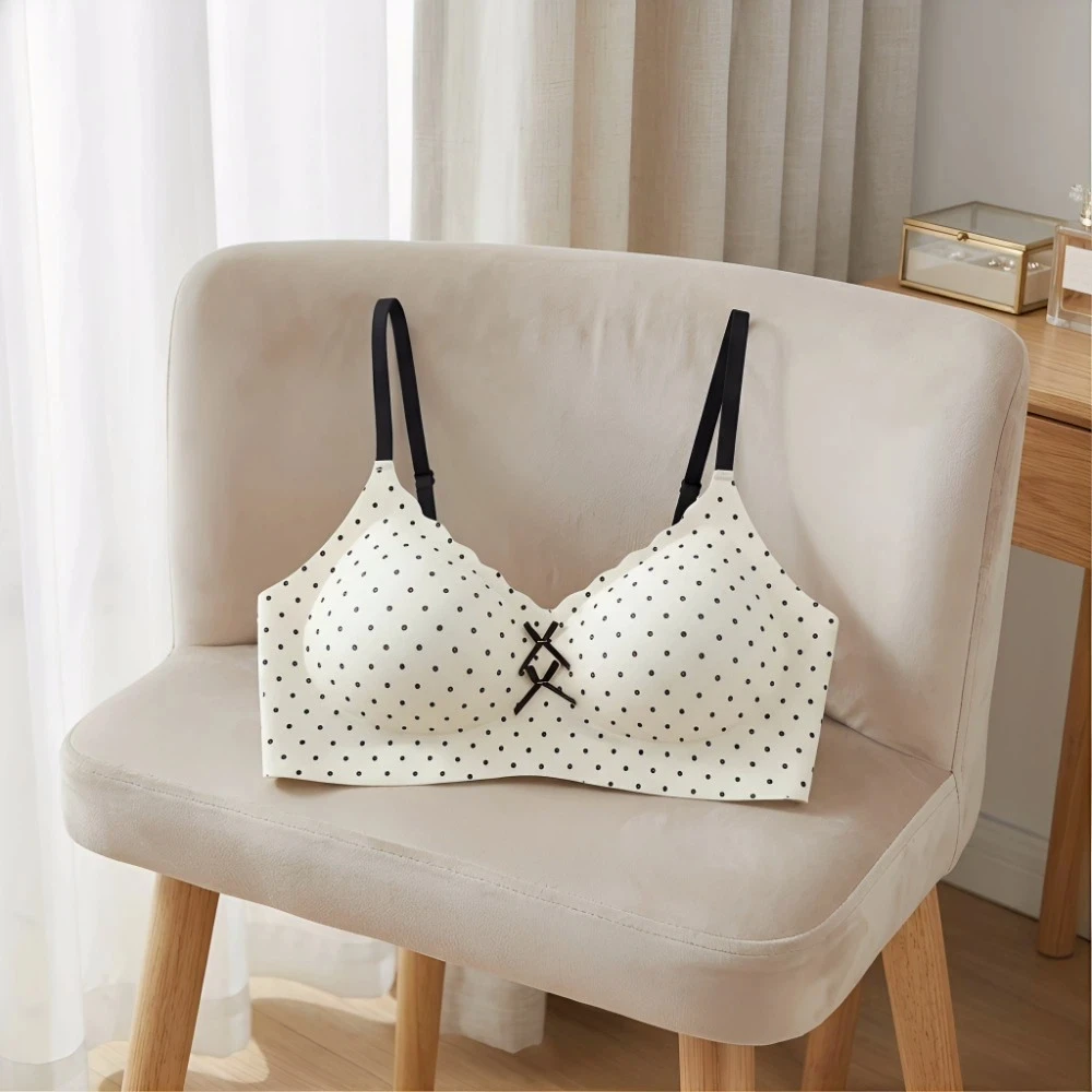 Traceless Dots Wireless V Bra Shockproof Gathered Breasts Seamless Floral Print Bra Flower Bow Lingerie Brassiere for Women