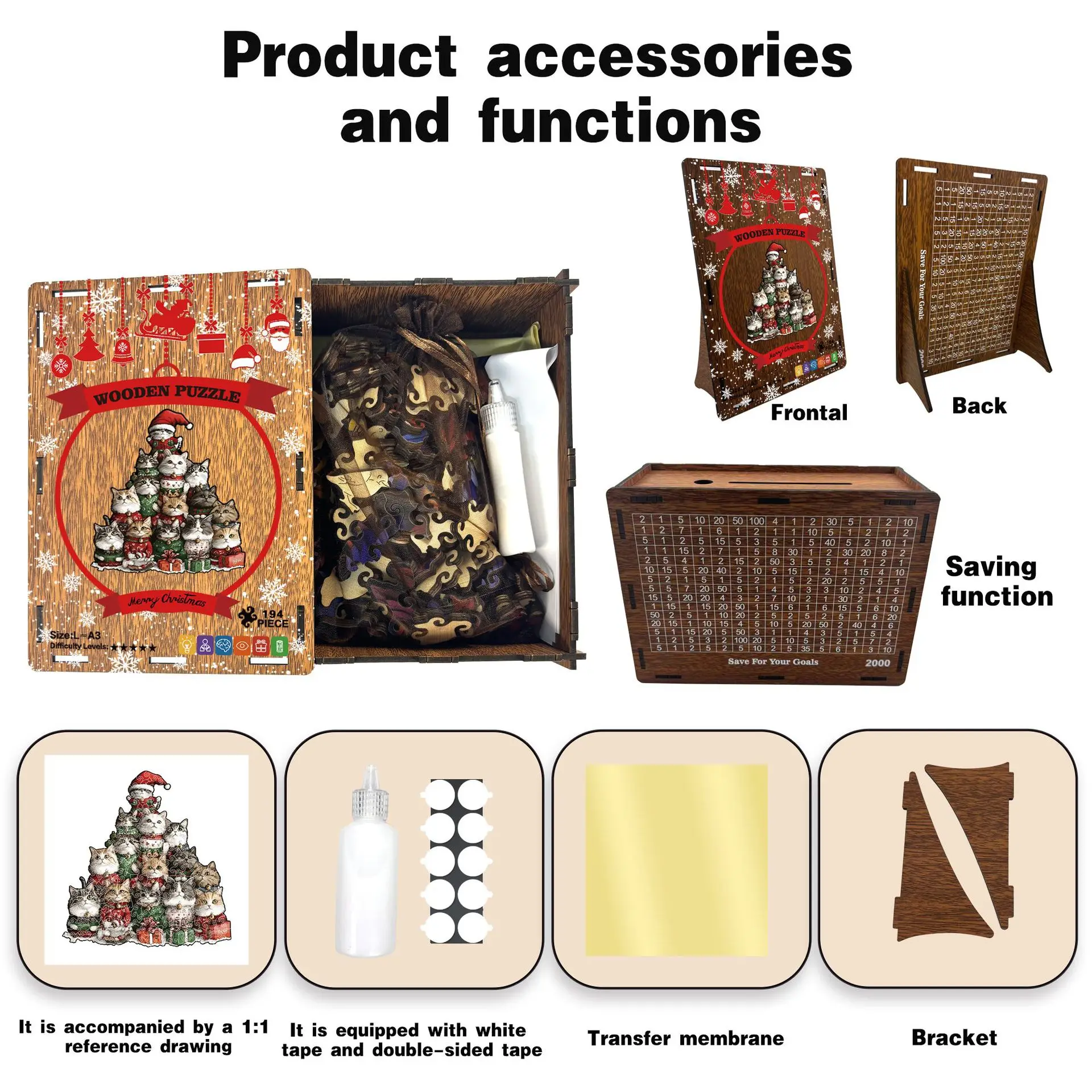 194 Elementy Puzzle Świąteczne Koty Puzzle Nieregularne Drewniane Puzzle w Kształcie Kota Gra Antystresowa Prezent na Urodziny Boże Narodzenie Dekoracja Domu