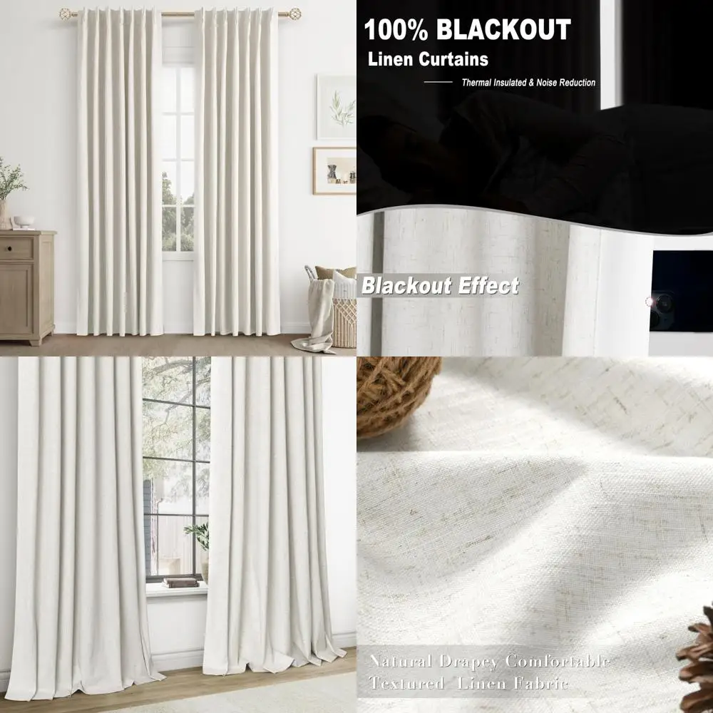 

Joyful Natural Beige Pinch Pleat Blackout Curtains, 84 Length, 2-Panel Set, 100% Blockout, Neutral Bohemian Style