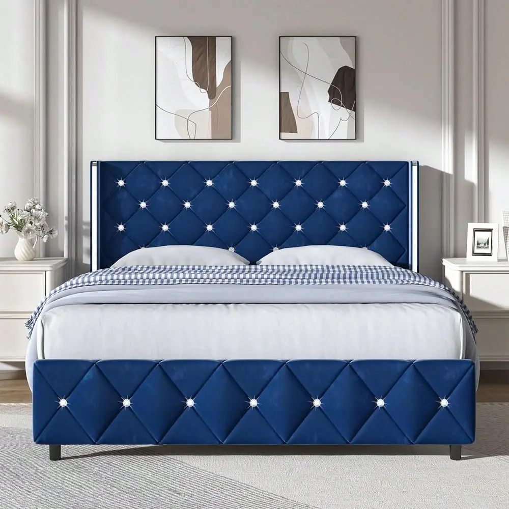 

Bed Frame With Diamond Tufted Wingback Headboard Modern Velvet Bed Frame, No Box Spring Needed With Wood Slat Support, Easy Asse