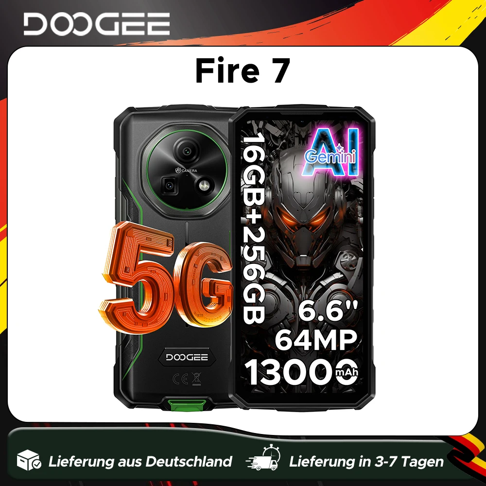 DOOGEE Fire 7 5G Robustes Smartphone 13000mAh Akku Android 15 6,6'' Bildschirm 64MP Kamera Dimensity 6300 Globale Version Smartphone NFC