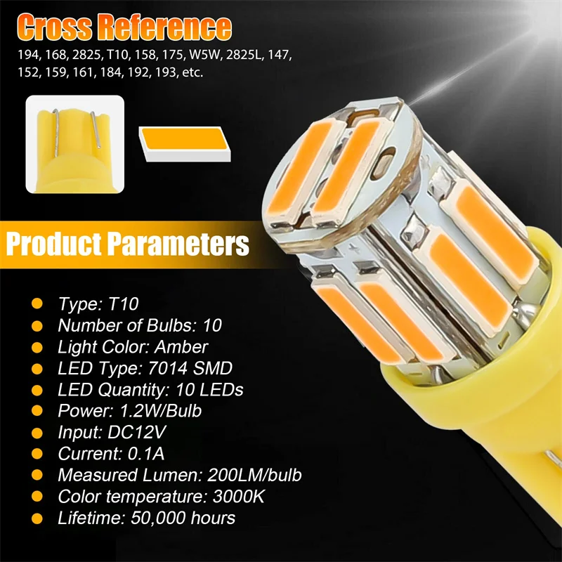 

[CR]10 шт. W5W 10-7014 SMD автомобильные светодиодные лампы T10 194 168, замена для габаритных огней, освещения салона и крыши автомобиля