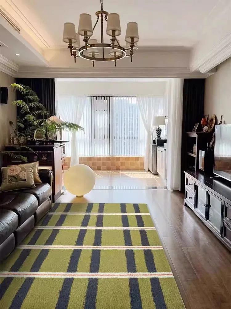 

French Style Rug Vintage Living Room Carpets Green Plaid Carpet Bedroom Bedside Rugs Balcony Carpet Easy Care Coffee Table Rug