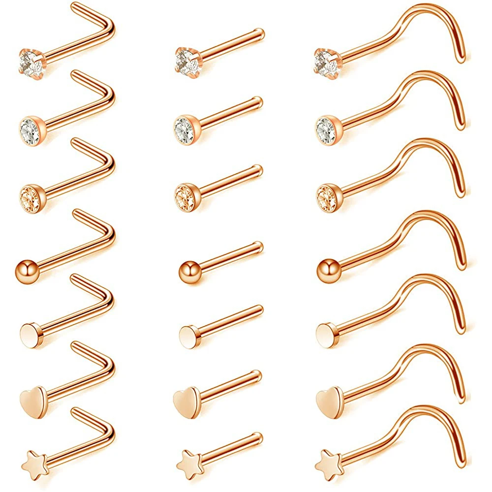 21pcs/lot 20G Stainless Steel Nose Ring  Stud Set  Heart Crystal Nose Piercing Screw L Shape Nostril Hoop Nose Body Jewelry