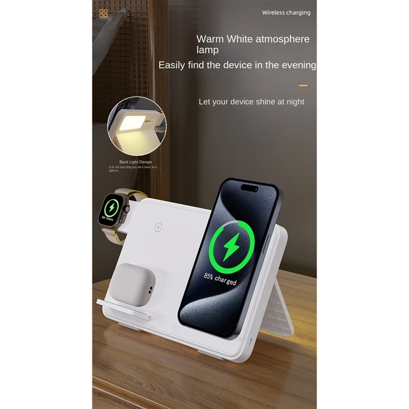 Wireless Charging Dock with LED Night Light and Foldable Design, for Fast Charging for and Watches White-ABFB view 2