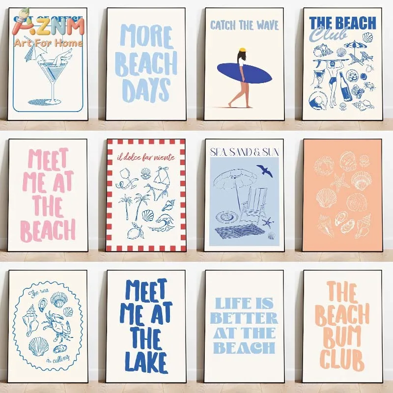 AZNM Retro Coastal Canvas Print Beach Club Surf Shell Palm Tree Summer Quote Blue Pink Pastel Minimalist Holiday Bedroom Wall De