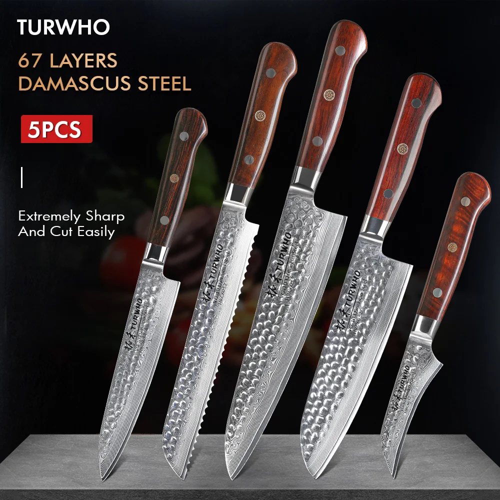 

TURWHO 5PCS Japanese Santoku Knife Chef Knives Bread Knife 67 Layer High Carbon Damascus Steel Professional Kitchen Knives Set