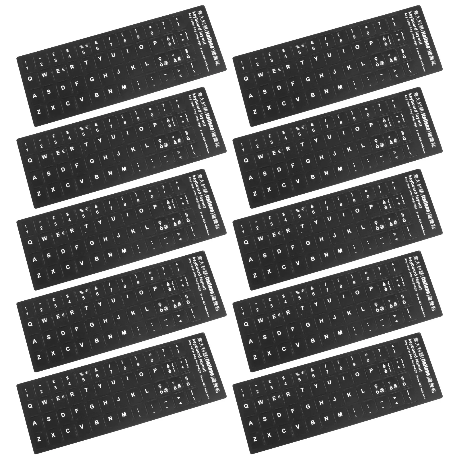 10Pcs Italian Language Keyboard Stickers Black Background White Letters Multi-Language Keyboard Skin Laptop Replacement Computer