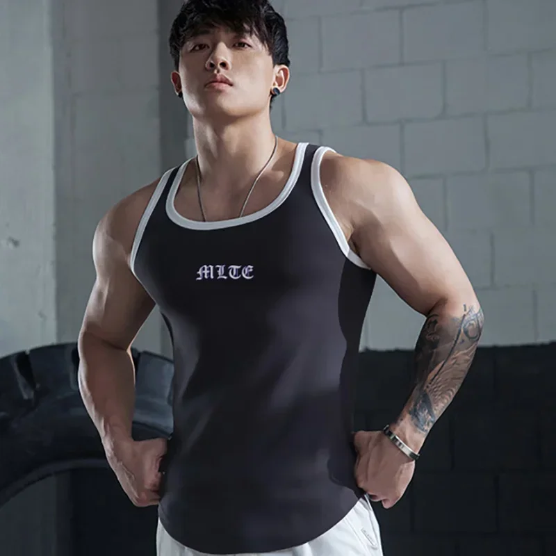 Men\'s Sports Sleeveless Fitness Racer Vest Milk Silk Patchwork Training Shirt Quick-Drying Breathable Muscle Weight Top M-3XL