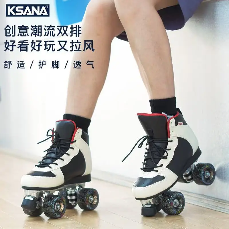 

Кожаные четырехрядные роликовые коньки из микрофибры, 4-колесные коньки для взрослых, женщин и мужчин, двухрядные тренировочные коньки из алюминиевого сплава