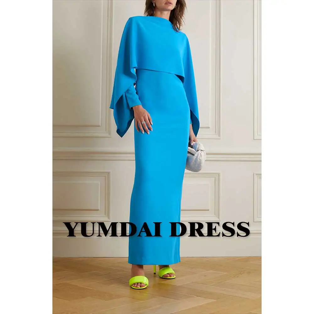 

YUMDAI Sky Blue Crepe Long Sleeve Shawl Evening Dress Special Occasion Formal Gown Wedding Party Dress Luxury Evening Dress 2023