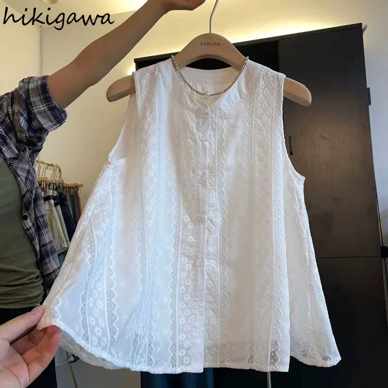 

2025 Blusas Mujer De Moda Women Blouses Sleeveless Solid Color Loose Shirts Embroidery Patchwork Lace Fashion White Blouse Tops