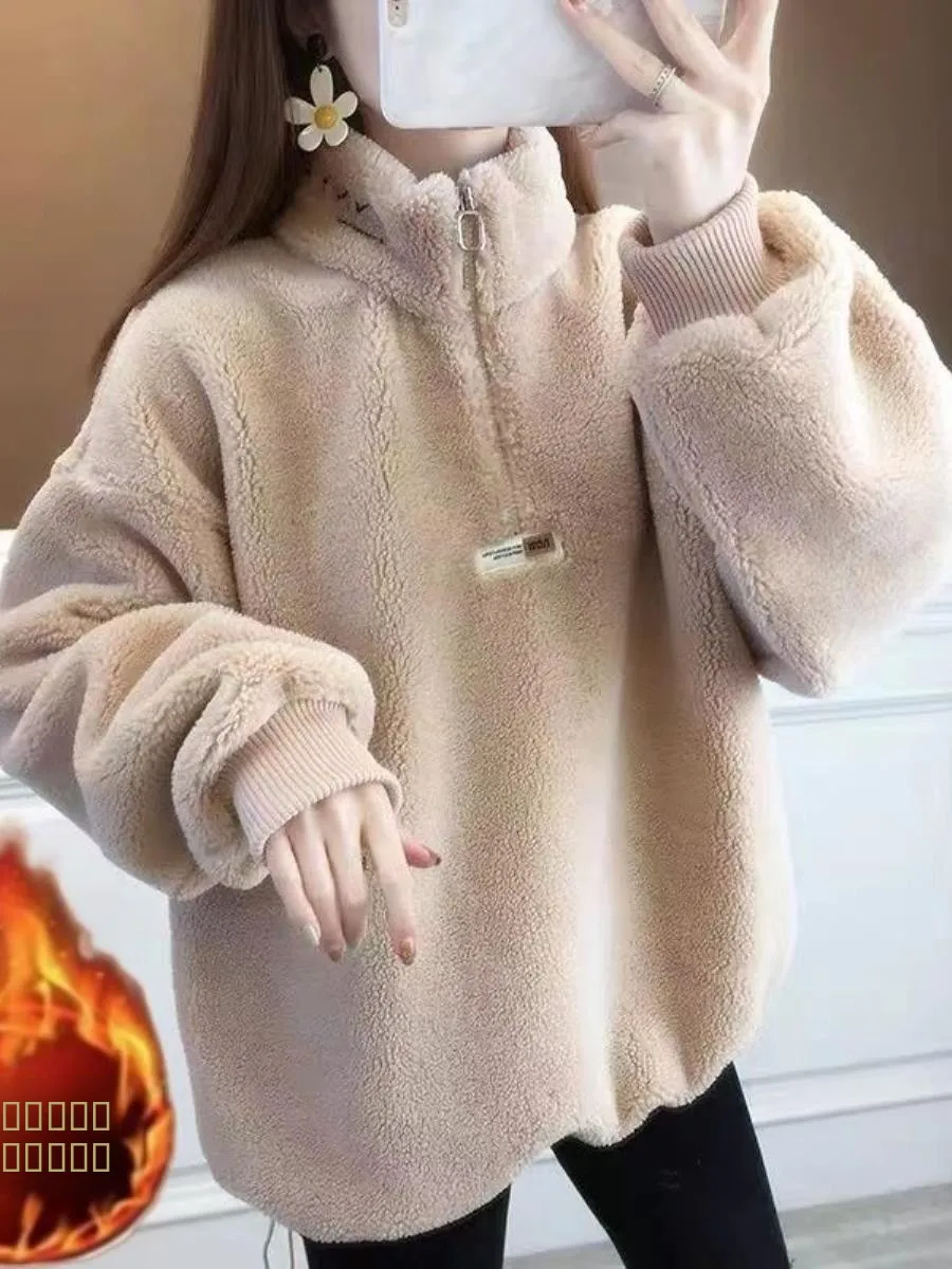 

Модная женская ветровка с капюшоном из овечьей шерсти на молнии, универсальный дизайн, простой крой, омолаживающий эффект, трендовая модель для повседневной носки