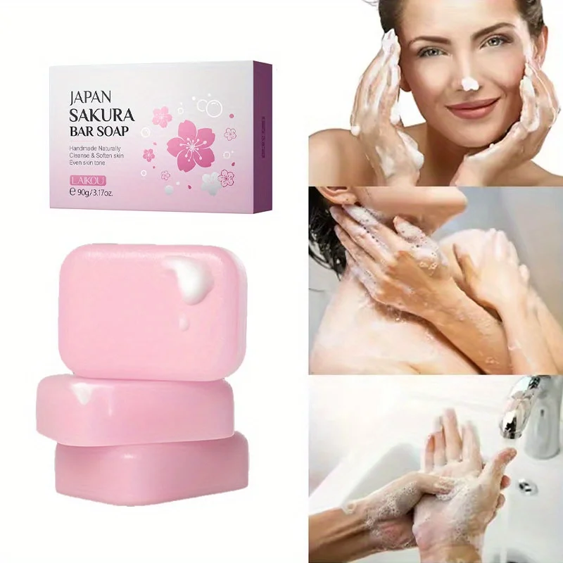 Jabón Sakura hecho a mano, barra de limpieza suave de 90g para cara y cuerpo, hidrata todo tipo de piel con red espumosa, fragancia Natural