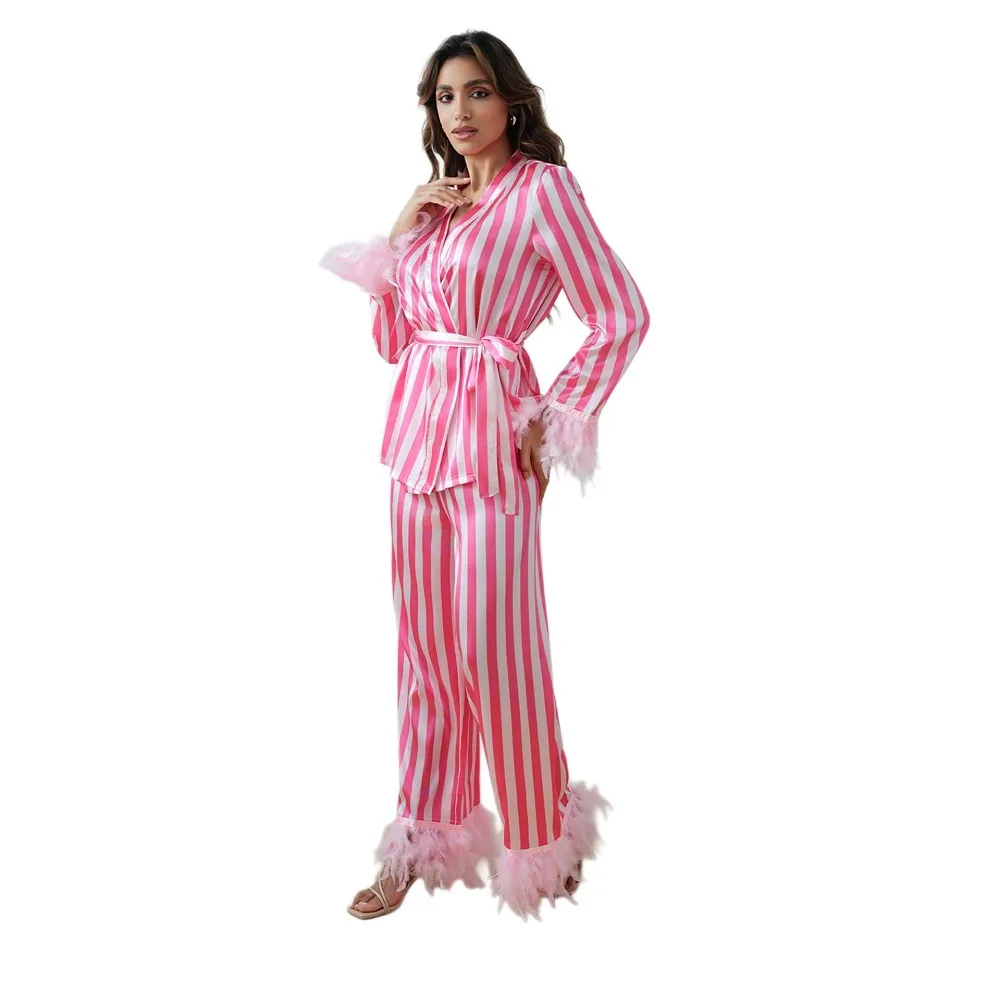 Spring Autumn New Feather Silk Satin Long-sleeved Trousers V-neck Pink White Striped Women's Loungewear Set 2 PCS Set