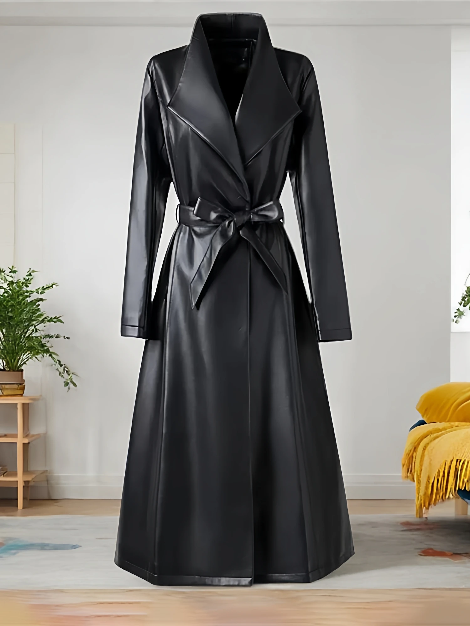 

Korean Sle Genuine Leather Coat Women's over Knee mid Length Waist Cinched Faionable eepskin Coat Outerwear Autumn