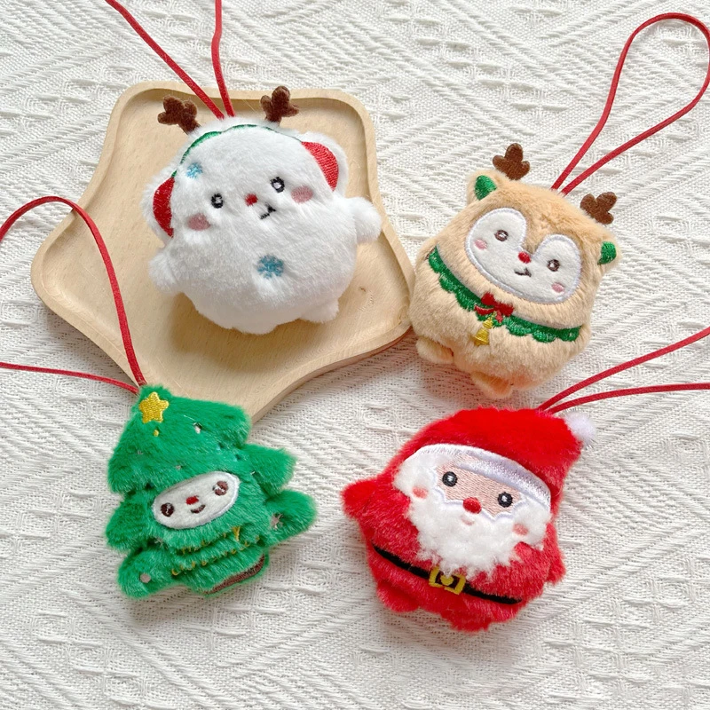 Cartoon Squeak Santa Claus Elk Snowman Name Sticker Plush Keychain Name Tag Keyring School Bag Pendant Key Hanging Decoration