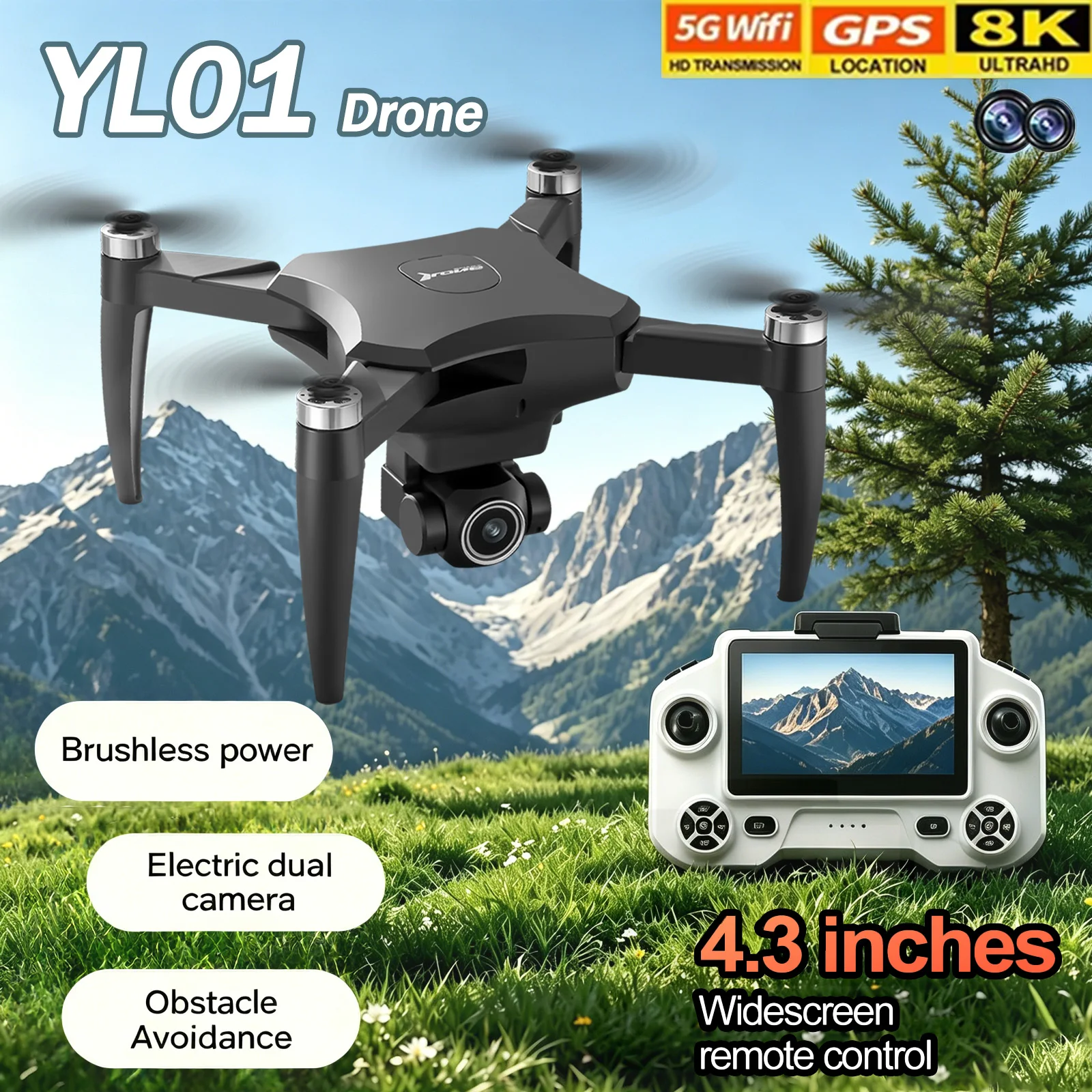 Mini Dron YL01 GPS Profesional con Cámara 8K, FPV Aéreo, Sin Escobillas, Evita Obstáculos, con Control Remoto de Pantalla Grande, Plegable