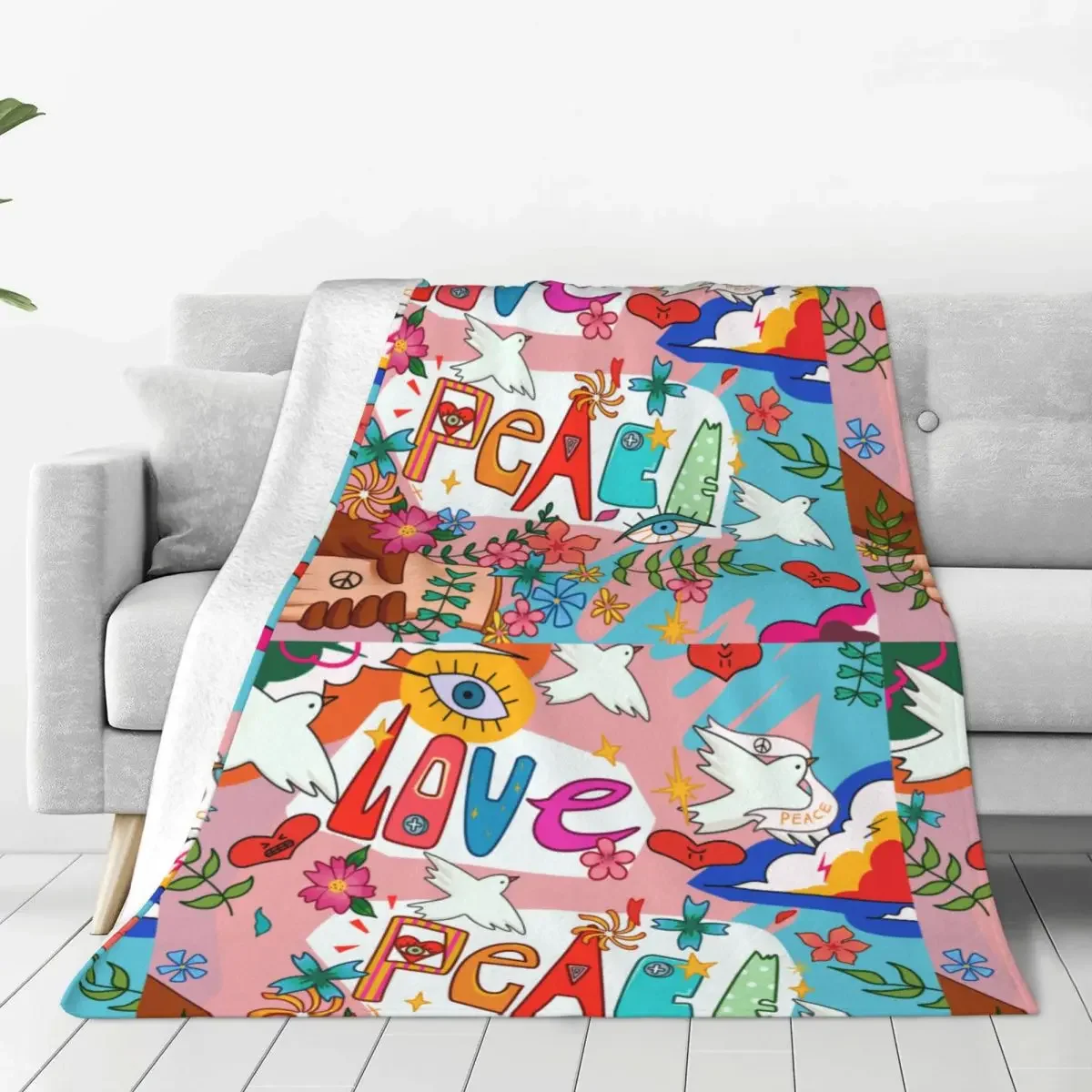 Love Peace Blankets love flower hand-drawing doodle letters Flannel Awesome Breathable Throw Blankets for Bed Sofa Spring/Autumn