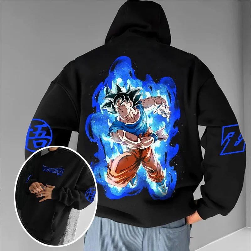 Sudadera con capucha con estampado 3D de Dragon Ball Z Anime para hombre, sudadera con gráfico de personaje de Goku Kamehameha con diseño de onda de energía azul y elementos Kanji