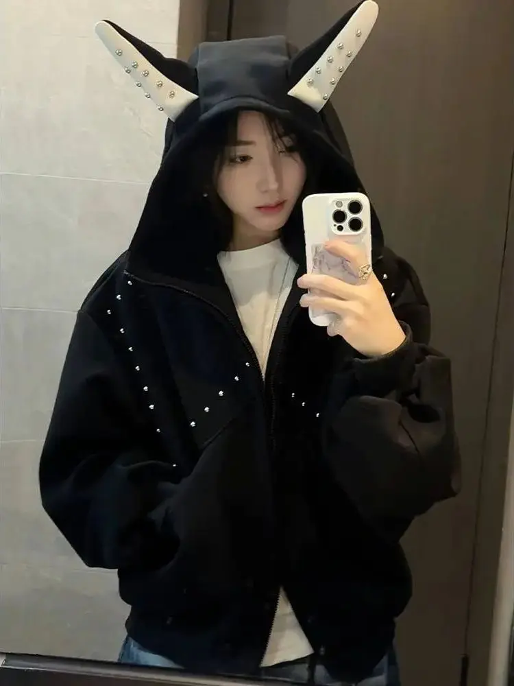 American Sle Ear Hooded Zipper Cardigan Sweatshirt Bla ort Thiened Fce Oberbekleidung für Damen Frühling 2026