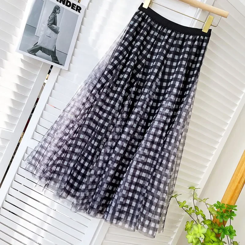 Women\'s Elegant Plaid Pattern 3 Layer Mesh Long Skirt Female High Waist Color Block Pleated Flowy A-Line Skirts 2024 Spring K11