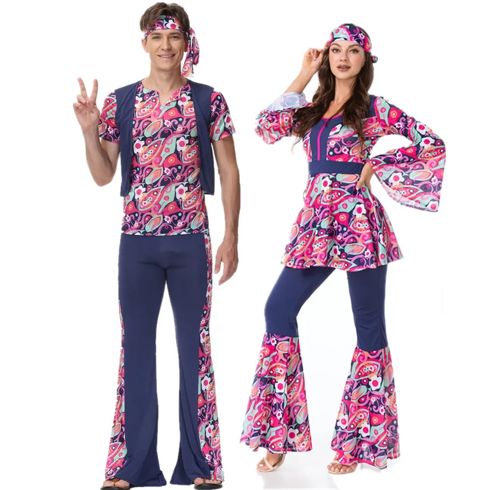 

Retro 60s 70s Hippie Cosplay Costume Halloween Carnival Couple Fancy Disguise Clothing Party Hippie Rock Disco Night Club Dress