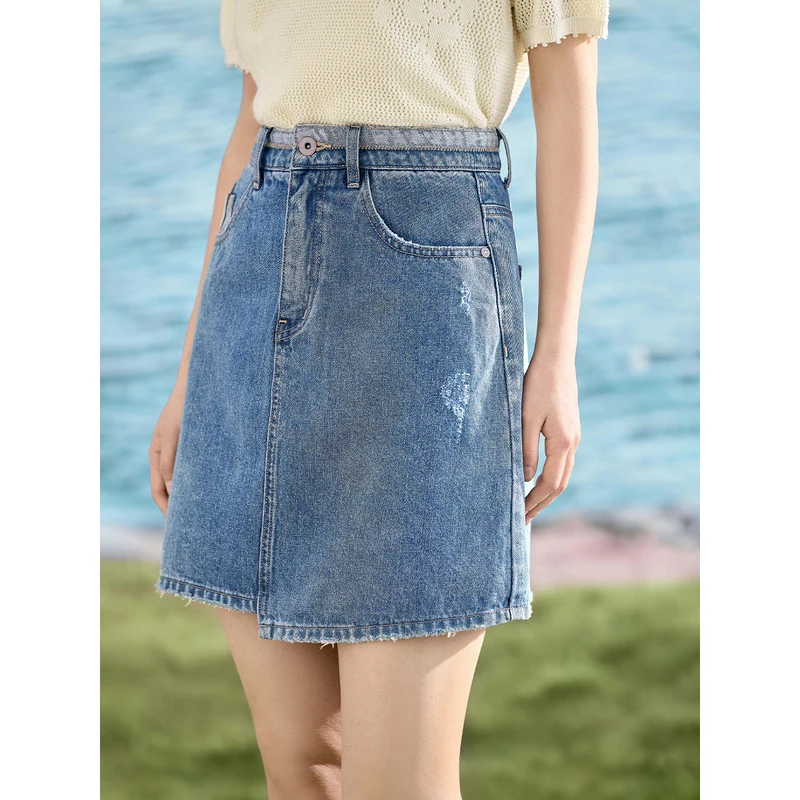 INMAN Women Denim Skirt 2023 Summer A-shaped Slim Irregular Design Pocket Fashion Versatile Casual All-match Blue Miniskirt