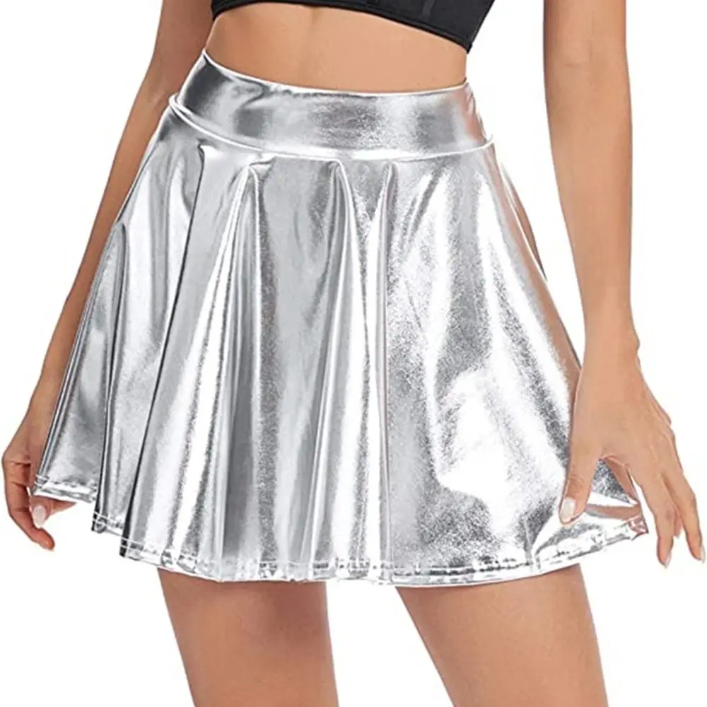 Elegant Metallic Pleated Skirt Gold Silver Retro Shiny Short Dress Solid Color Elastic A-line Short Skirt Stage Costume