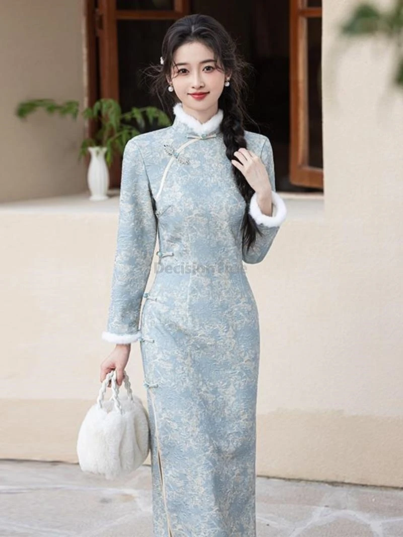 

2025 новый китайский стиль, ежедневное Ципао, утепленное, с длинными рукавами, теплый хлопок, Cheongsam, элегантное, продвинутое, темпераментное, зимнее Ципао