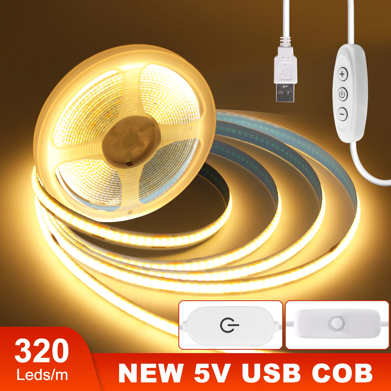 

5V USB COB LED Strip Light Dimmable Flexible LED Tape with Switch 320LEDs High Density Linear Lighting with Adhesive Tape